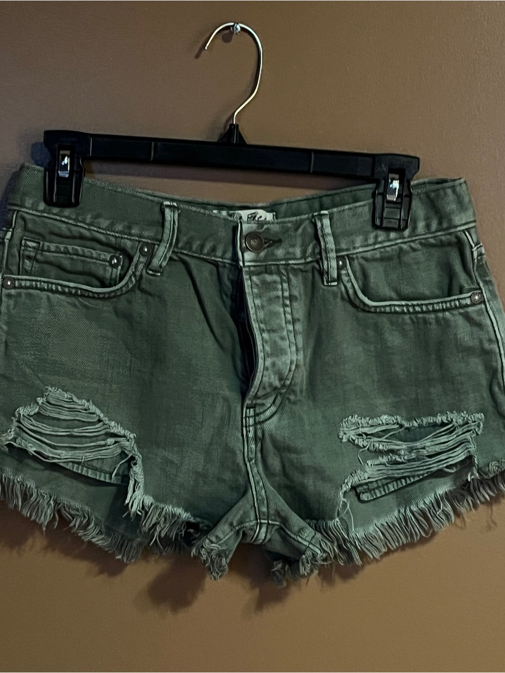 Free People Olive Green Distressed Denim Cutoff Shorts - Picture 4 of 5